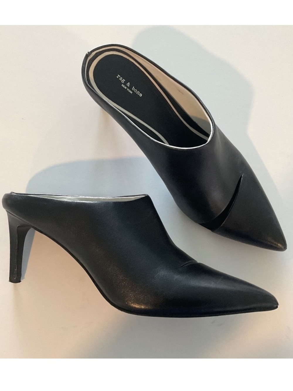 RAG & BONE  Beha Slash Pointed Toe Leather Heeled Mules Black Size EU 39